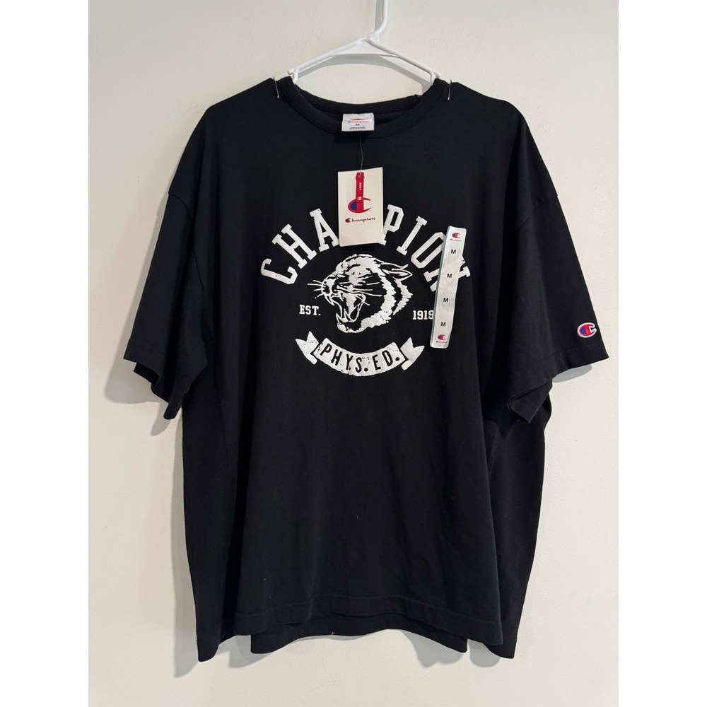 Champion Phys Ed Cougar Graphic Tee Mens Size M Black Ribbed Side Panels